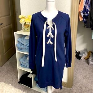 NWT Active USA Tie Front Navy Sweater Dress Size Small